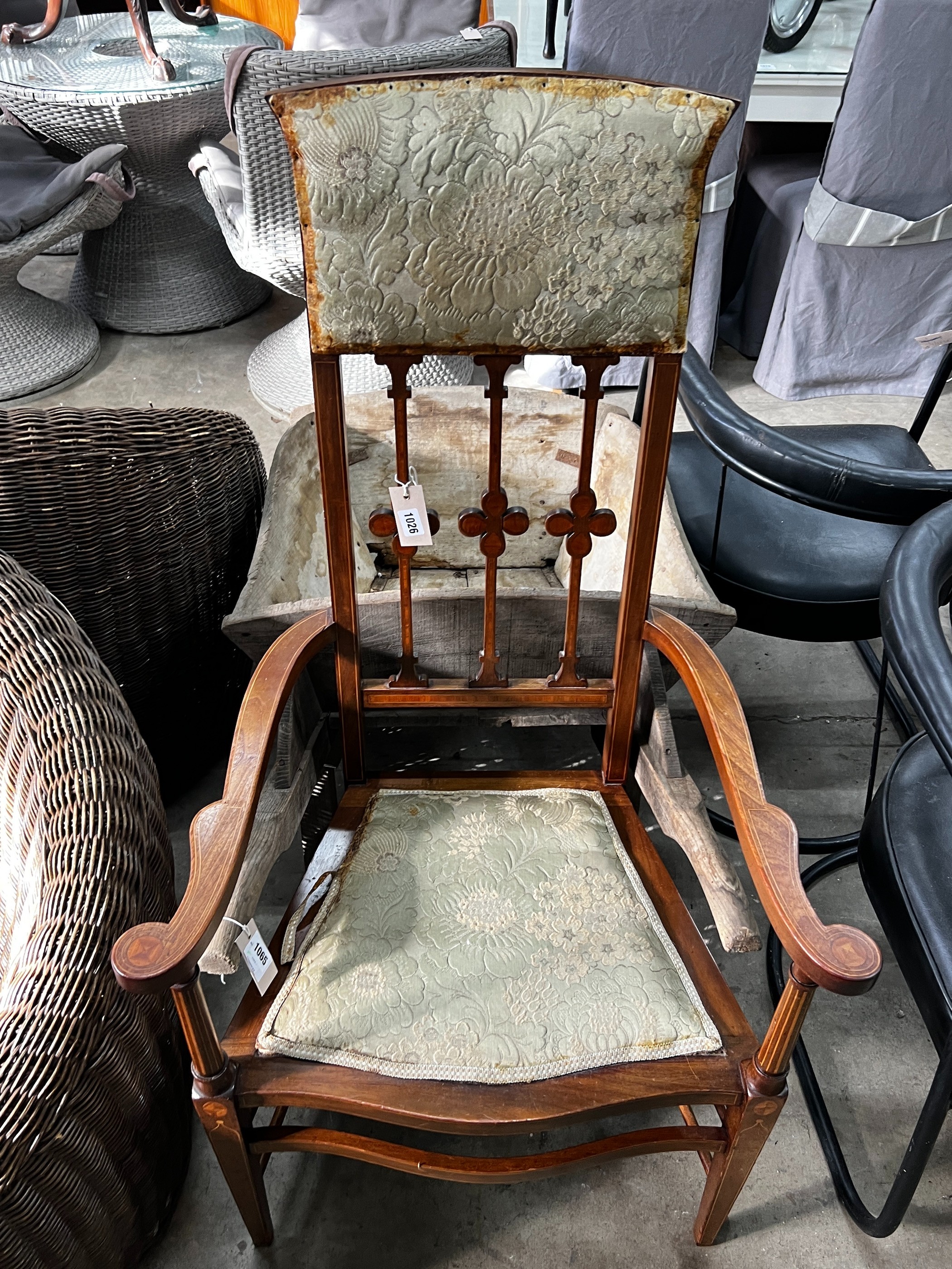 An Edwardian inlaid mahogany elbow chair, width 63cm, depth 44cm, height 122cm